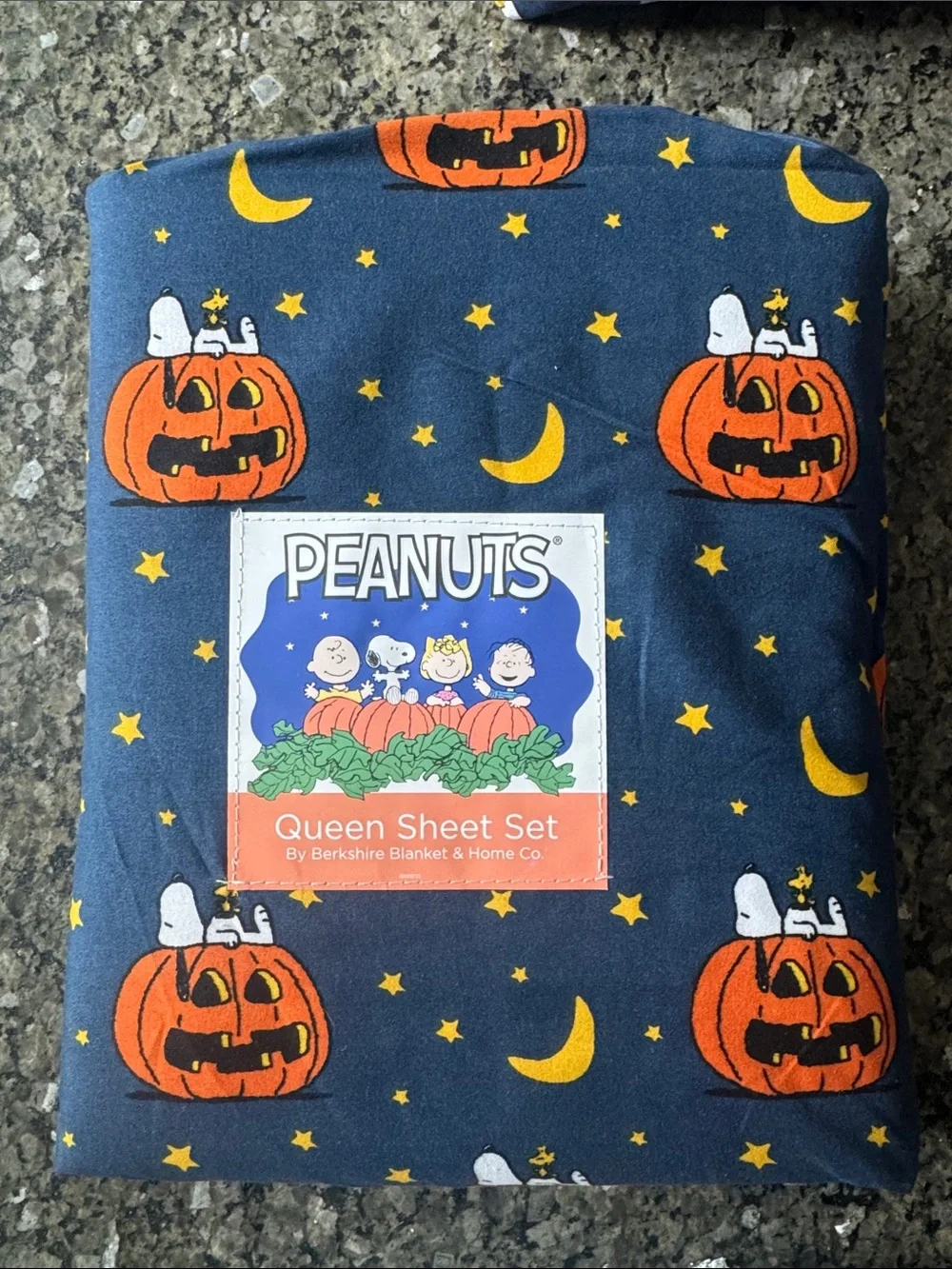 Peanuts Snoopy 4 piece Queen Sheet Set in Navy ,Pumpkin & Yellow Moon star print